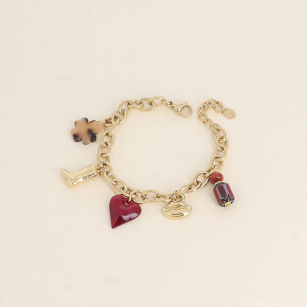 Bracelet - perles en céramique, trèfle et coeur en résine, botte et bouche