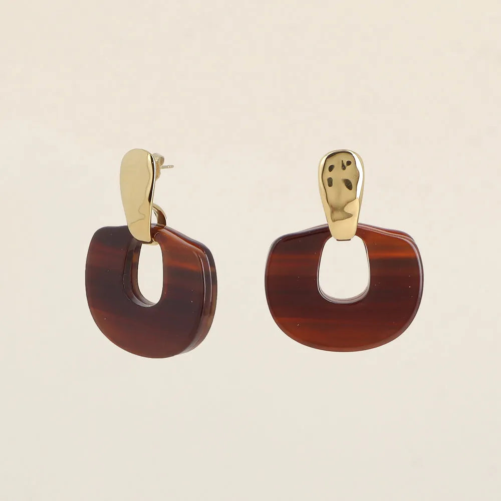 Boucles pendantes Marron - barre martelée et pièce en résine