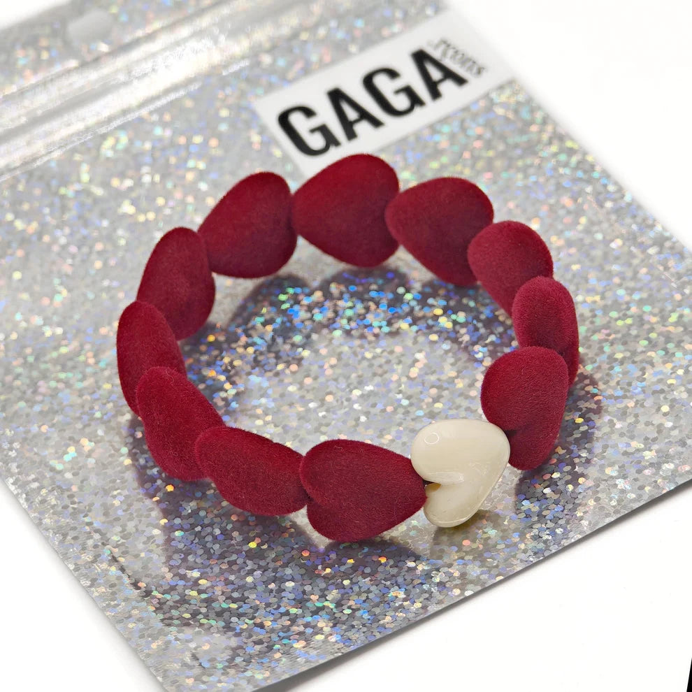 Bracelet GAGA - Only Velours Bordeaux & Maxi Coeur Beige