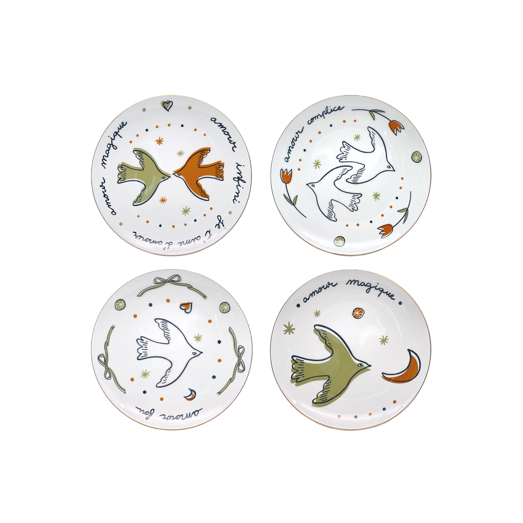 Set de 4 assiettes dessert amour oiseaux doré