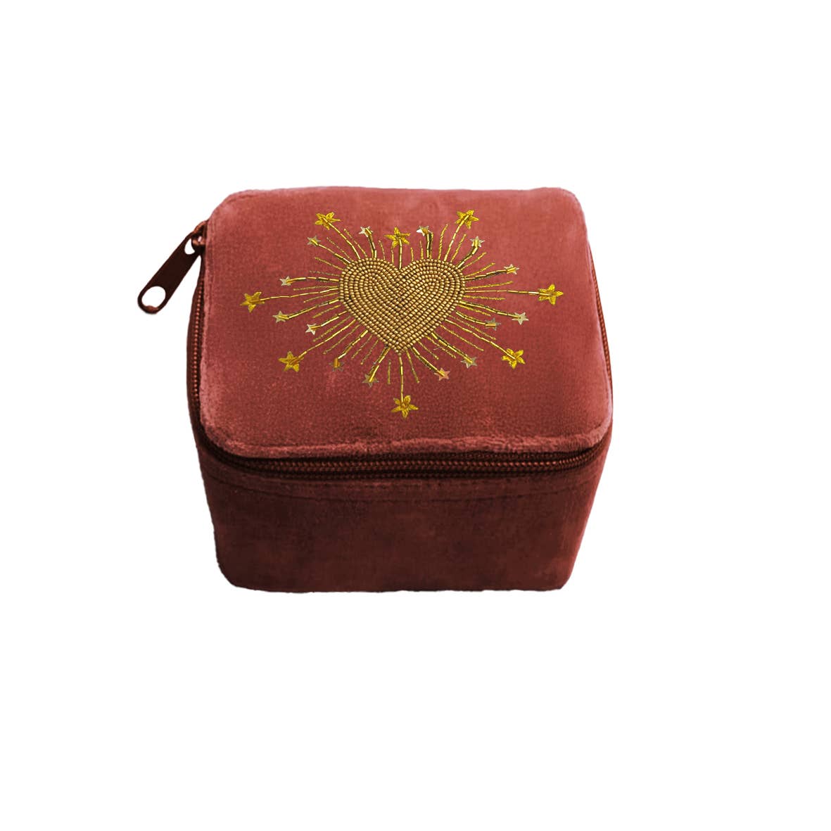 Boîte velours brodée perles Coeur radieux, bois de rose