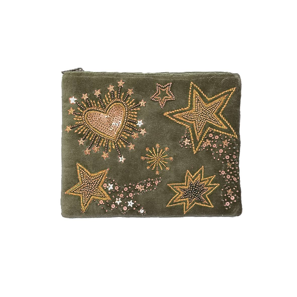 Pochette en velours brodée stars and hearts, kaki