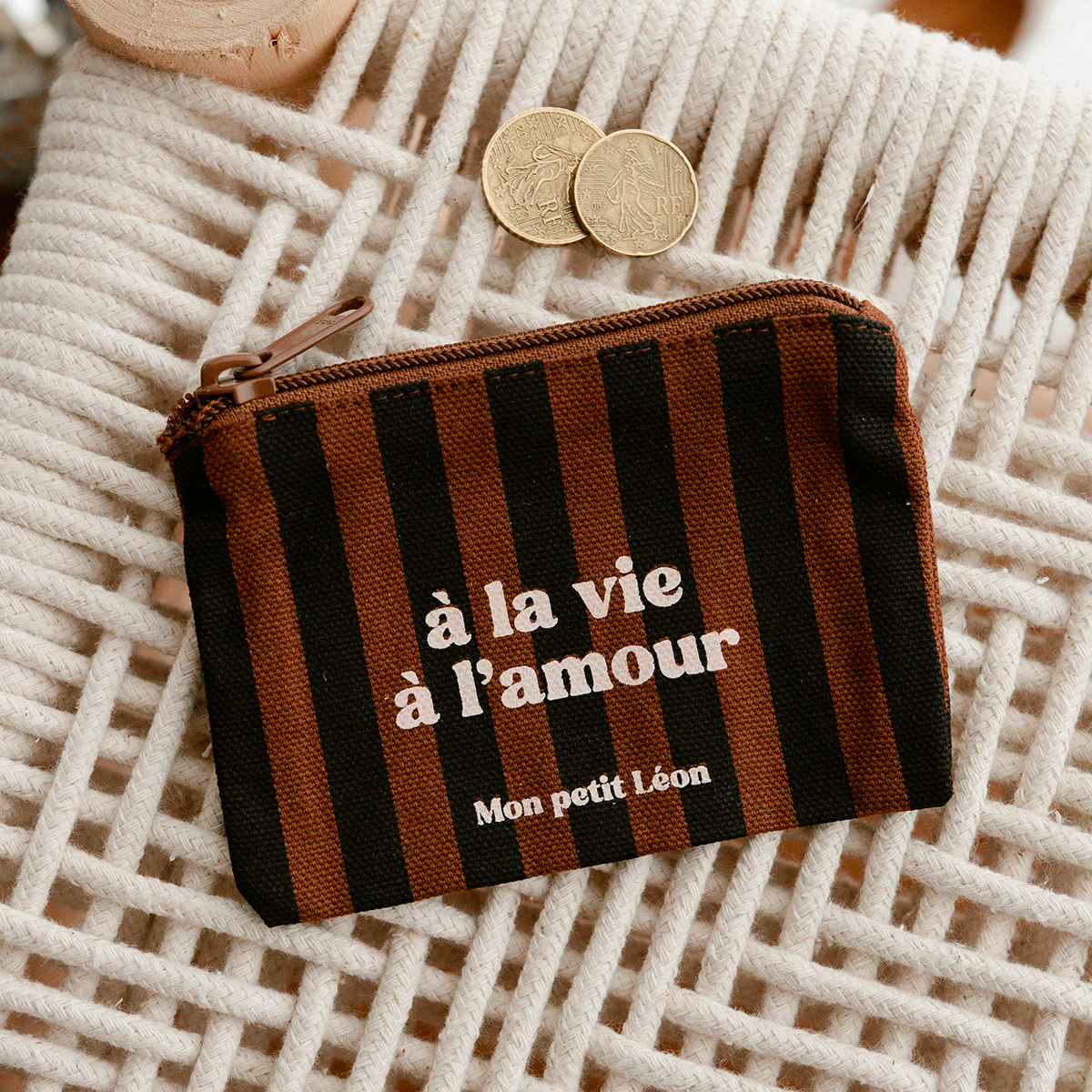 Porte-monnaie coton - Rayures marrons et noirs, à la vie à l'amour