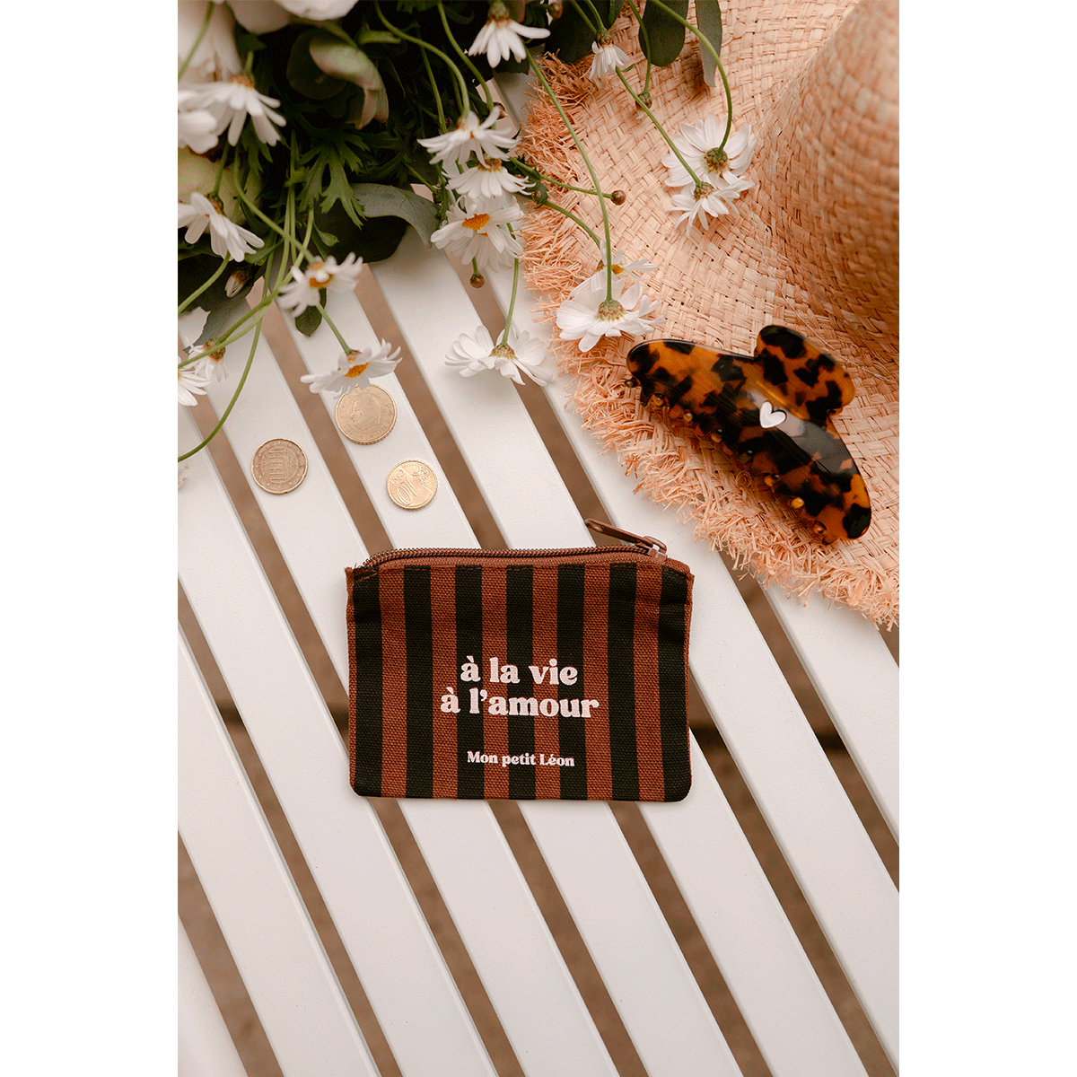 Porte-monnaie coton - Rayures marrons et noirs, à la vie à l'amour