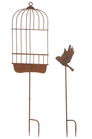 Set De 2 Decoration Jardin Cage+Oiseau Metal Rouille