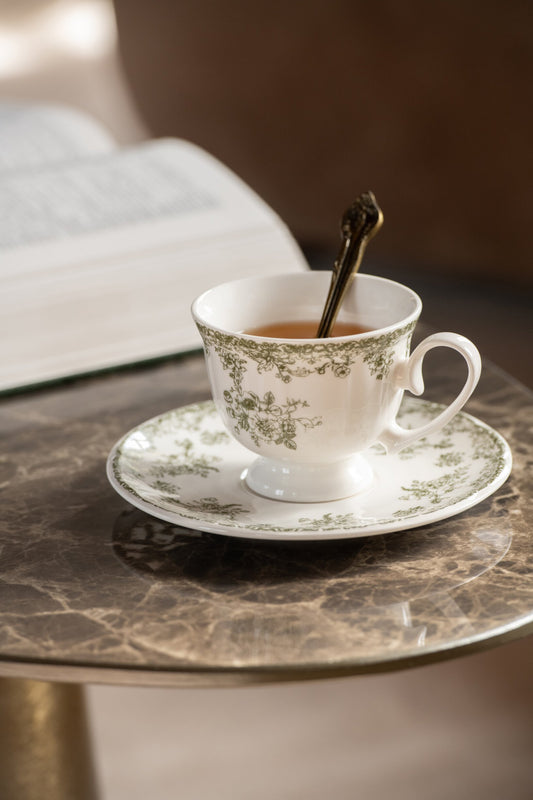 Tasse + sous tasse fleurs vert foncé et blanc