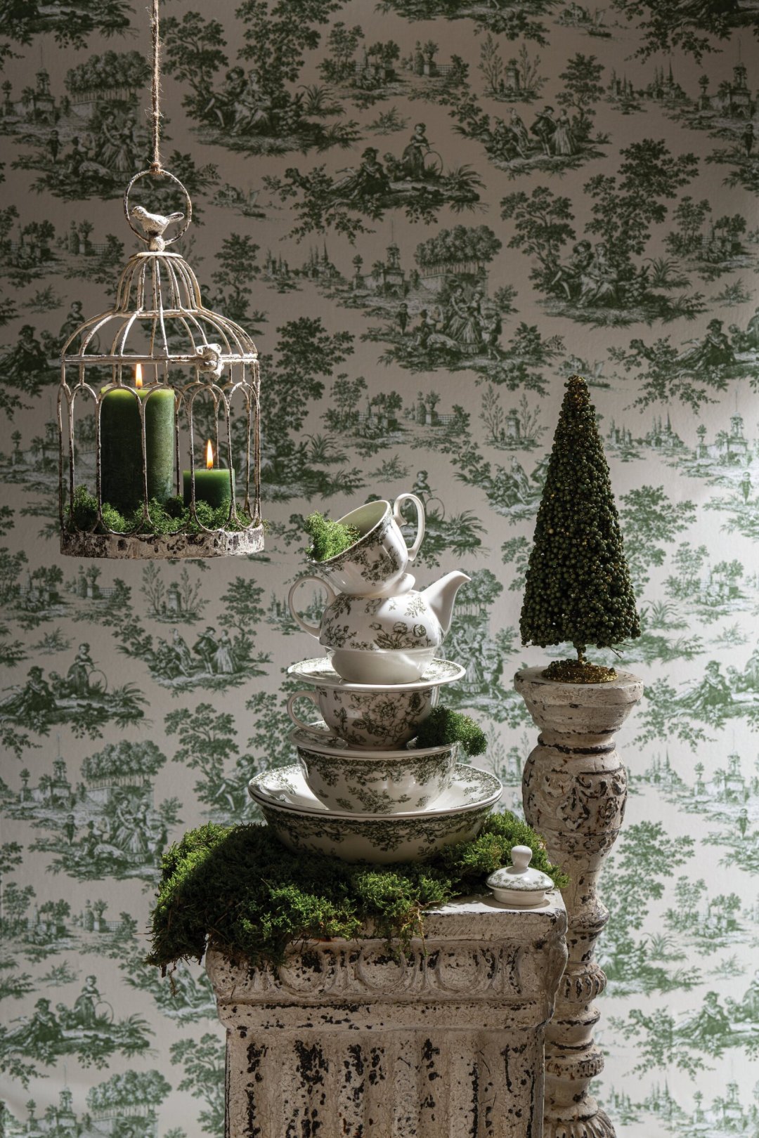 Bol fleurs céramique vert foncé et blanc