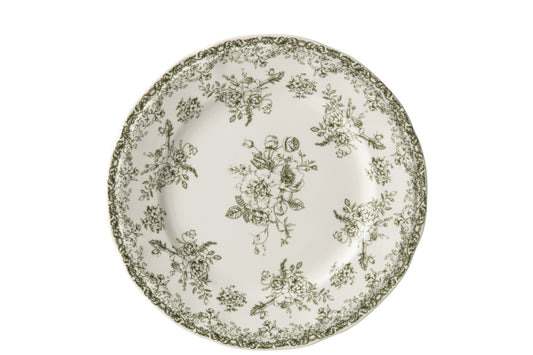 Assiette fleurs céramique vert foncé et blanc large