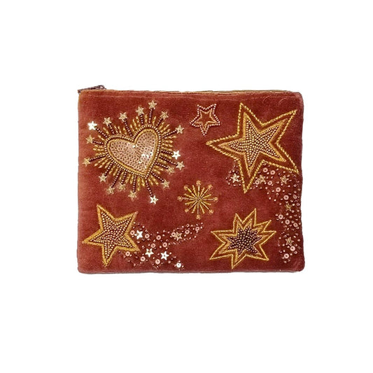 Pochette en velours brodée stars and hearts, bois de rose