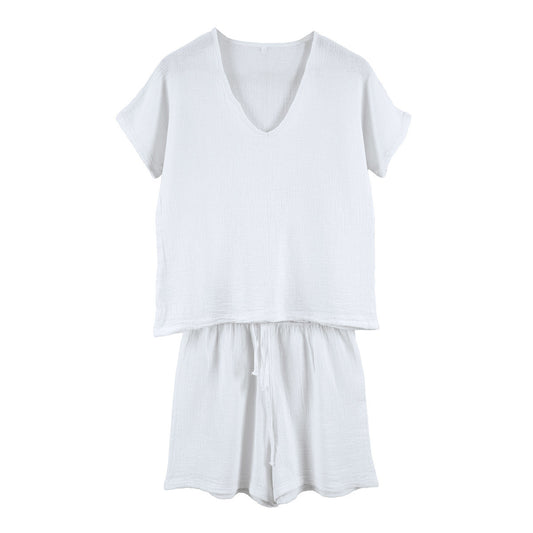Ensemble Short et Tee Shirt SYMI en Gaze blanc Lin et Coton