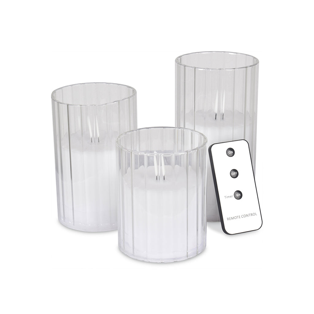 3 bougies LED dans verres cotes plates blanc - télécommande (à piles)