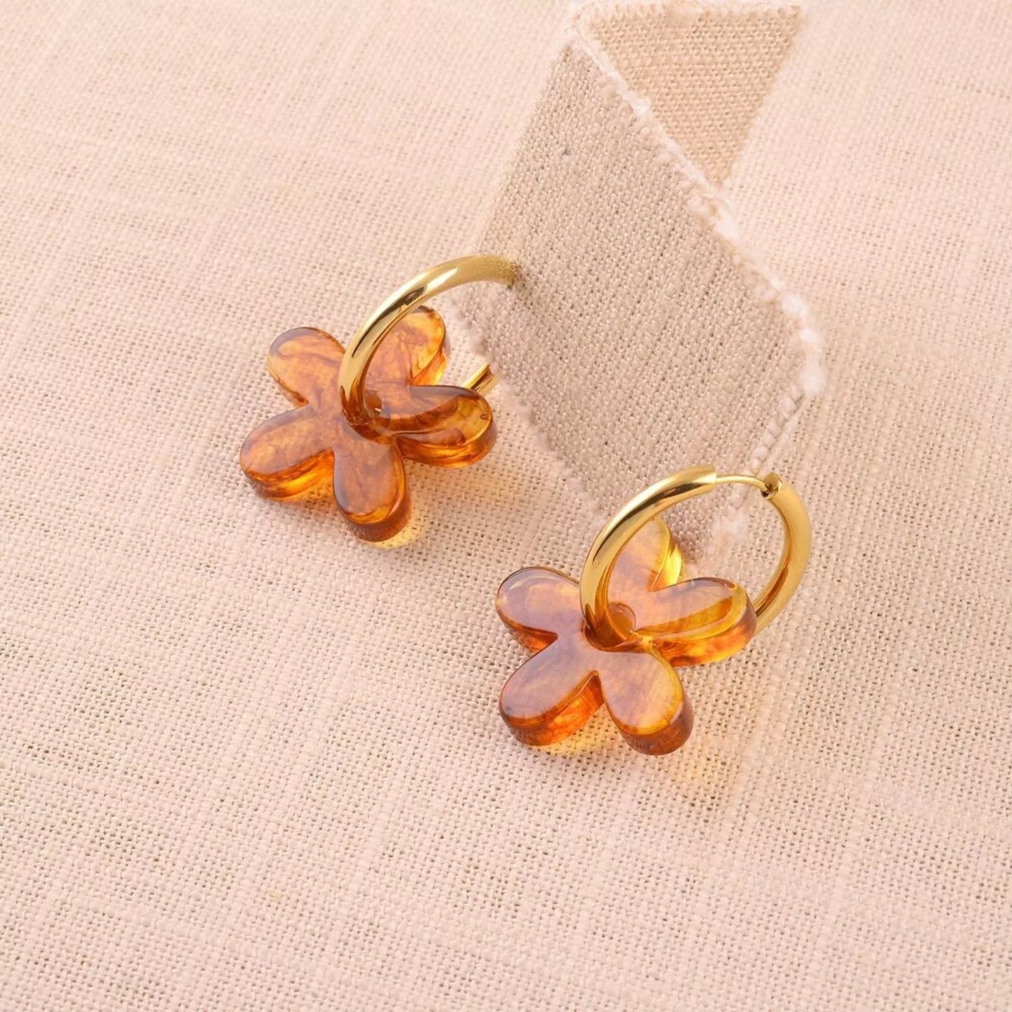 Créoles - anneau simple et fleur en acétate marron