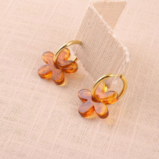Créoles - anneau simple et fleur en acétate marron