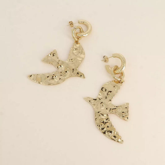 Créoles - grand oiseau martelé en acier inoxydable