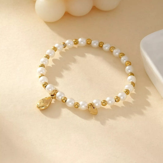 Bracelet Élastique En Perles Blanches Et Dorées Avec Pendentif Goutte