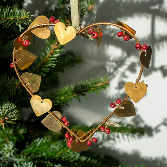 Grand coeur laiton pampilles à suspendre et perles de bois