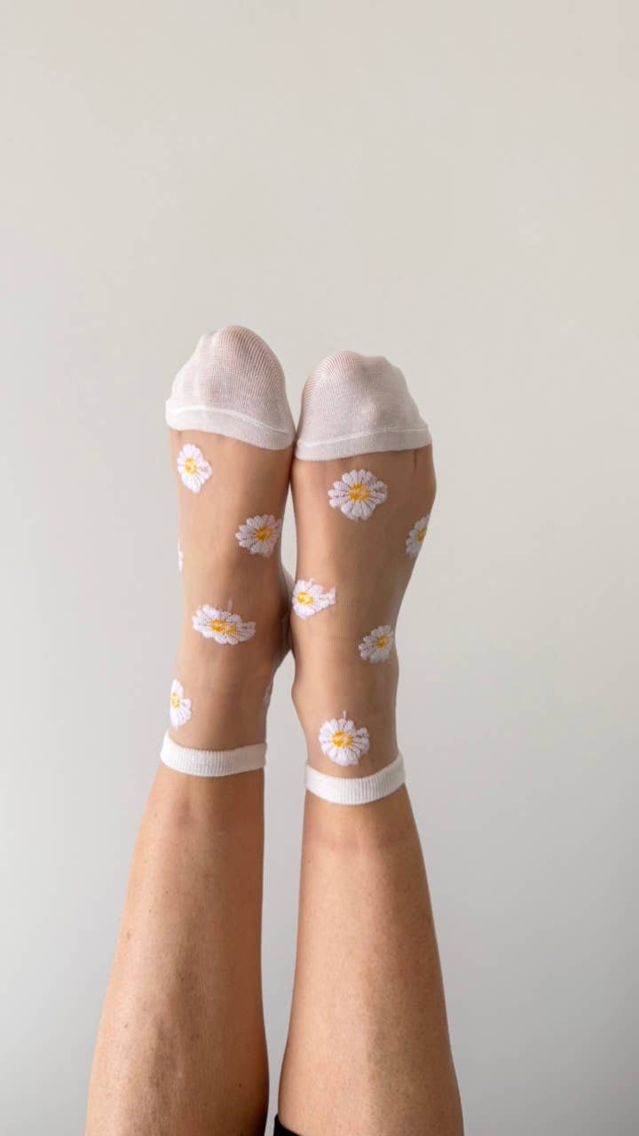 Chaussette transparente marguerites Flora blanc