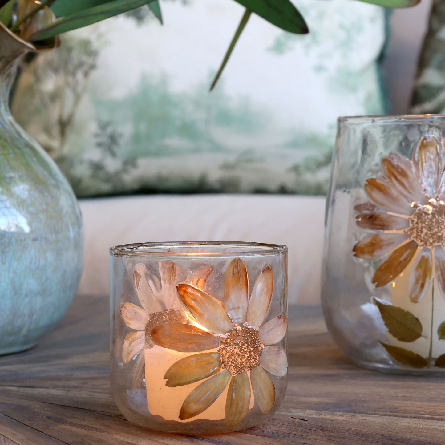 photophore avec décoration de fleurs séchées pm