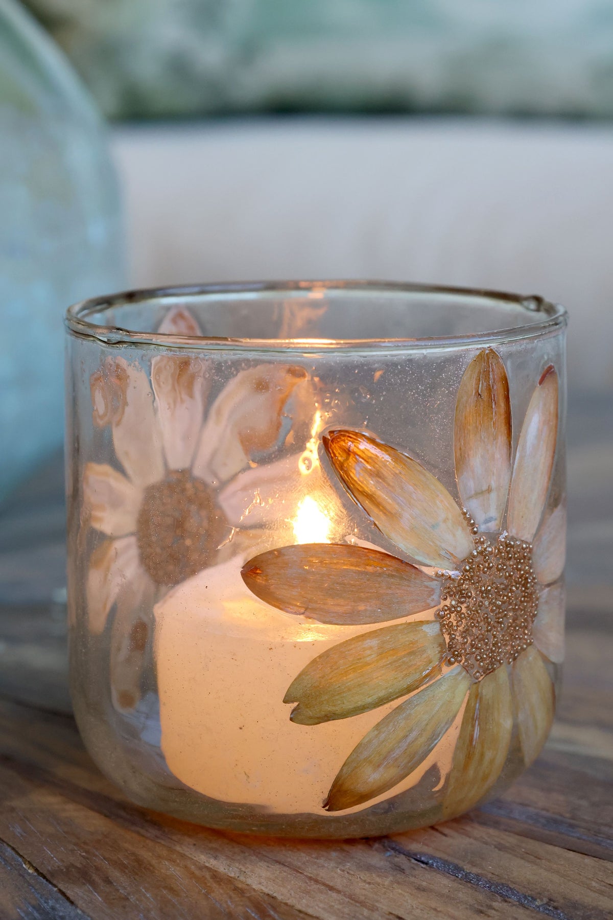 photophore avec décoration de fleurs séchées pm