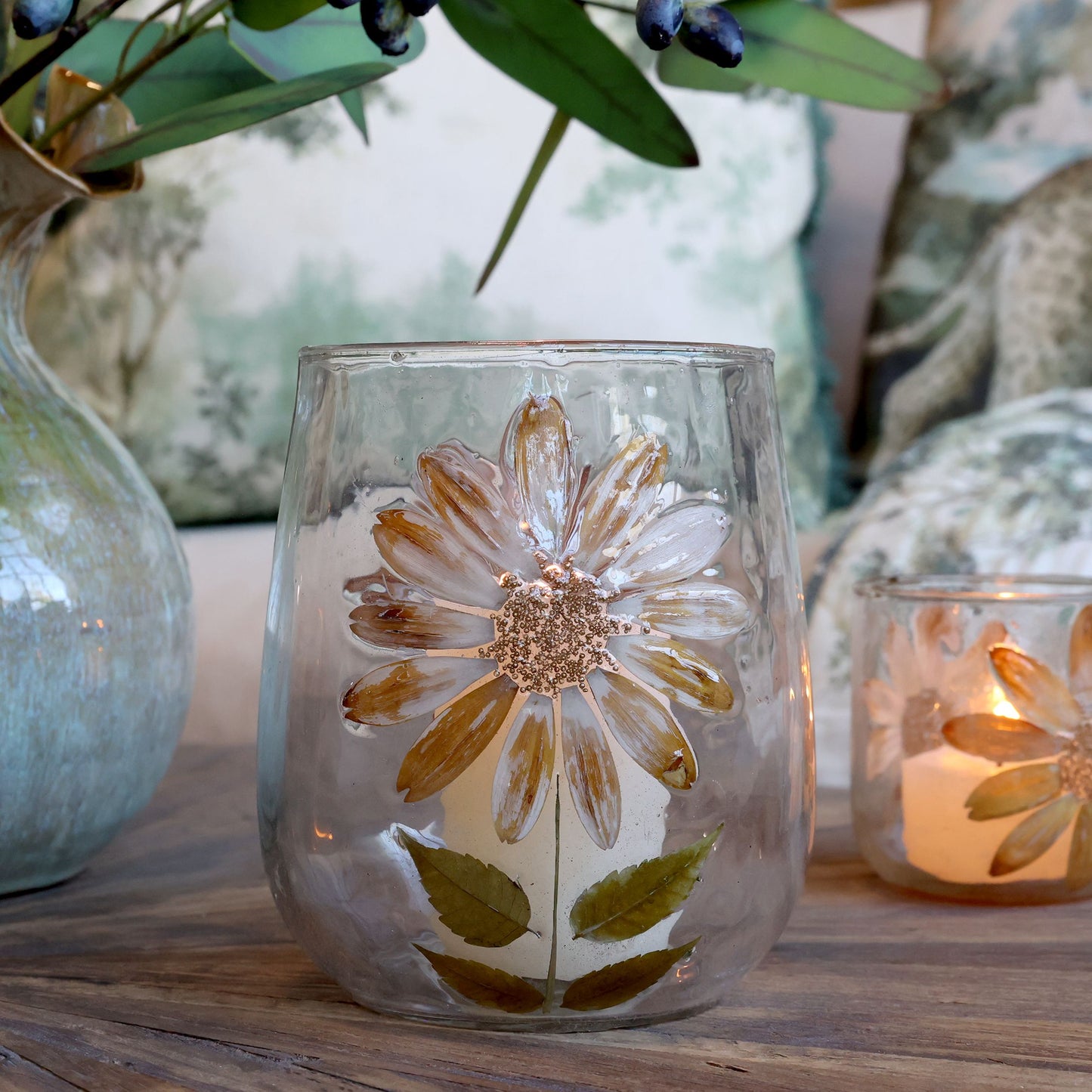 photophore avec décoration de fleurs séchées mm