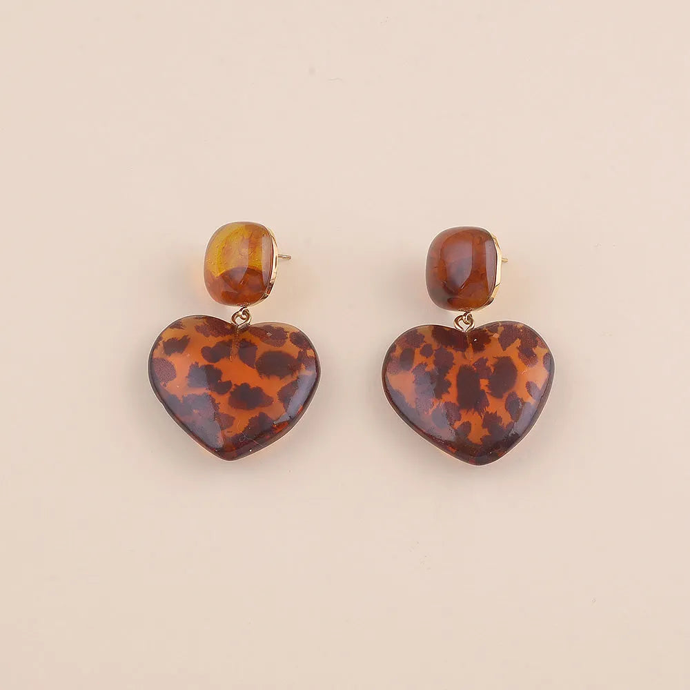 Boucles pendantes - cabochon carré et coeur en résine léopard