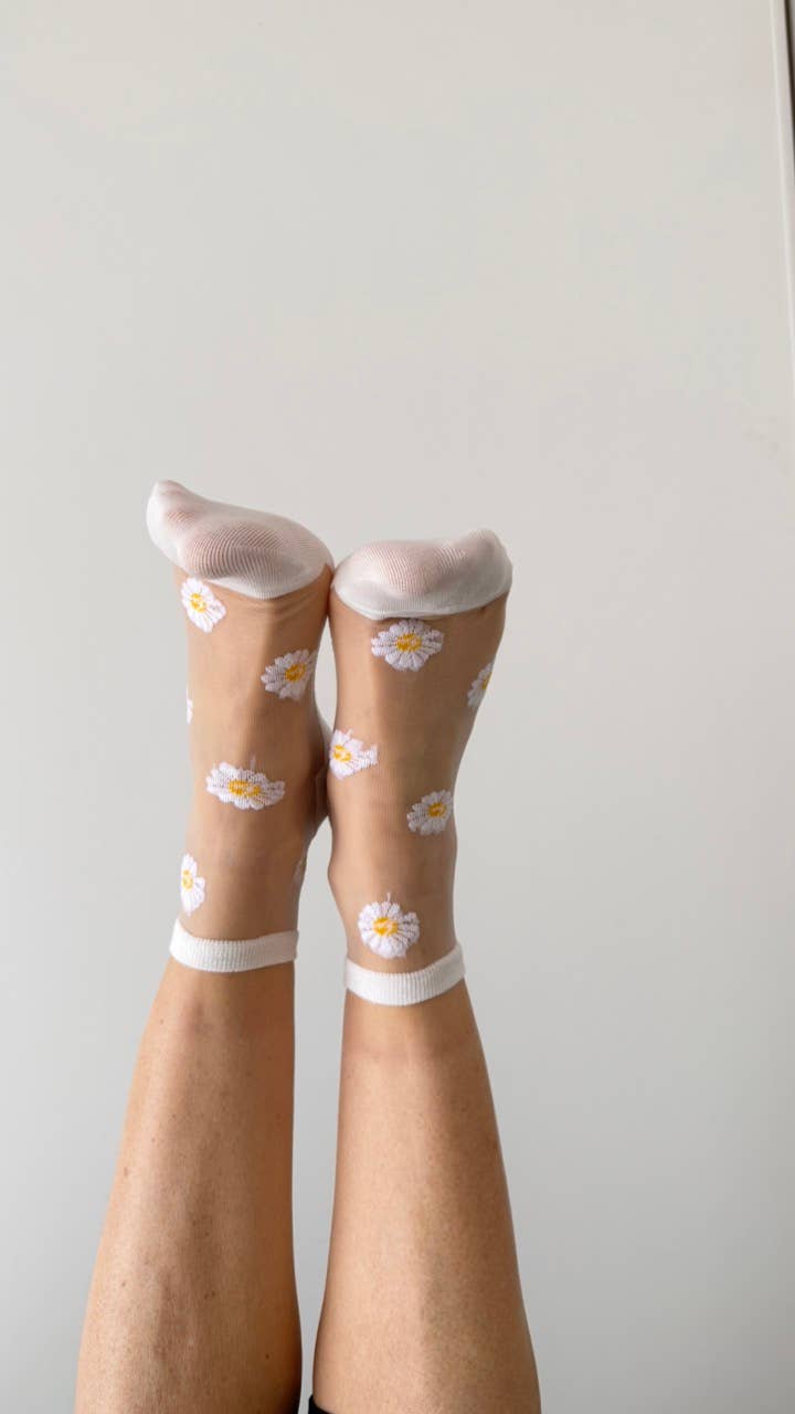 Chaussette transparente marguerites Flora blanc
