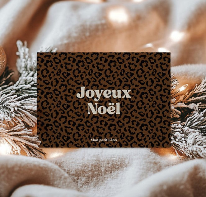 Carte A6 JOYEUX NOËL léopard marron foncé