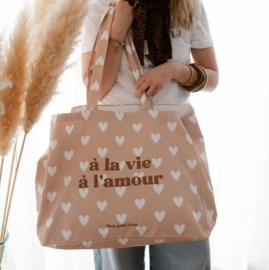 Cabas XXL COEUR Beige nude À LA VIE À L'AMOUR