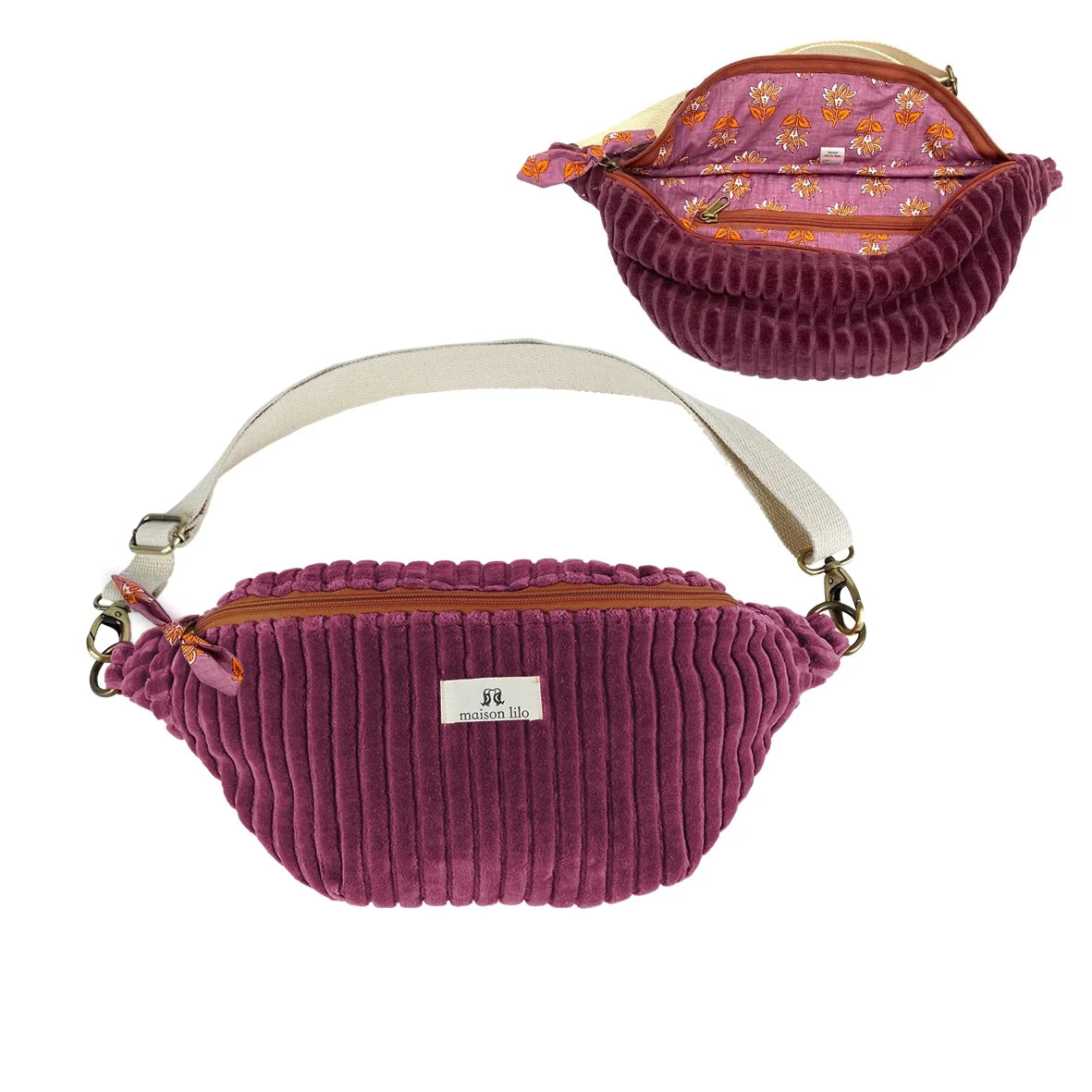 Banane velours côtelé fermeture zip contrastée, doublure imprimée