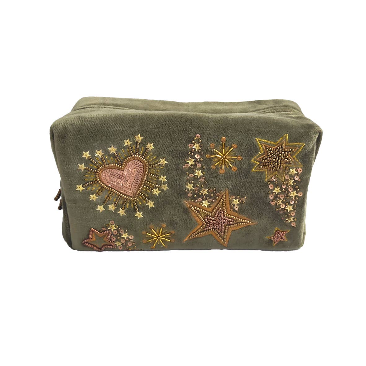 Trousse en velours brodée stars and hearts, kaki