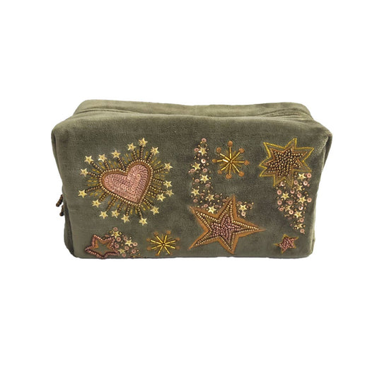 Trousse en velours brodée stars and hearts, kaki