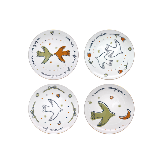 Set de 4 assiettes dessert amour oiseaux doré