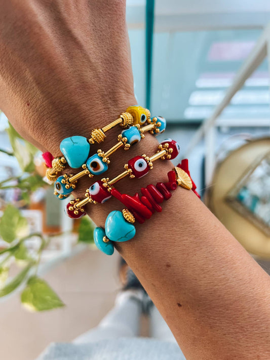 Bracelets en or howlite corail rouge et turquoise, bracelets pour yeux