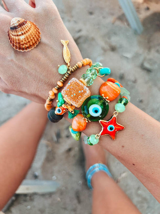Bracelets d'été en orange et vert, bracelet en coquillage mauvais œil
