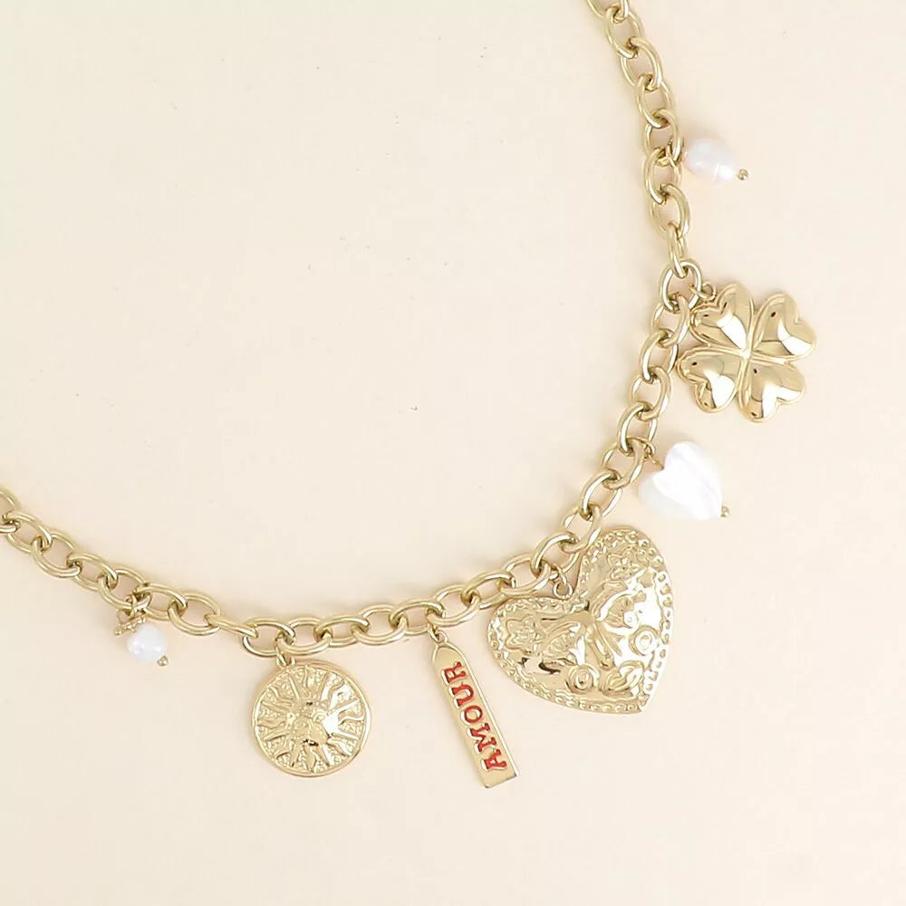 Collier - soleil, plaquette AMOUR en émail, coeurs, trèfle