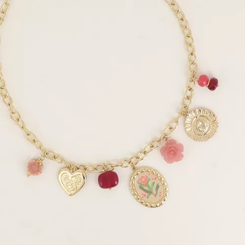 Collier - fleurs, coeur, céramique émaillée, résine, pierres naturelles