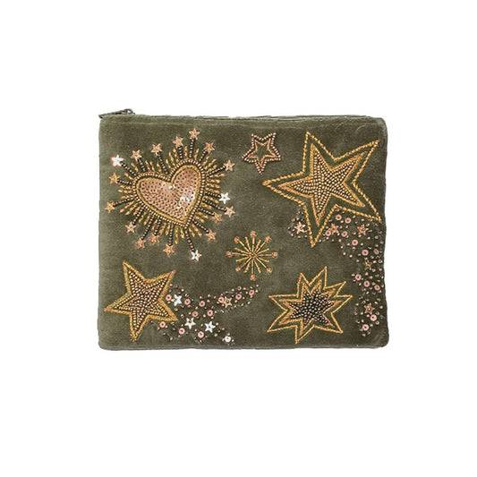 Pochette en velours brodée stars and hearts, kaki